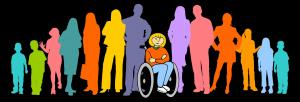Grafik verschiedener Menschen unterschiedlichen Alters vor einem schwarzen Hintergrund, in der Mitte eine Rollstuhlfahrerin