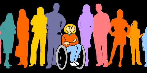 Grafische Darstellung verschiedener Menschen unterschiedlichen Alters vor einem schwarzen Hintergrund, in der Mitte eine Rollstuhlfahrerin