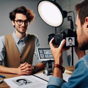 Ein Fotograf erstellt ein Passbild von einer Person.
