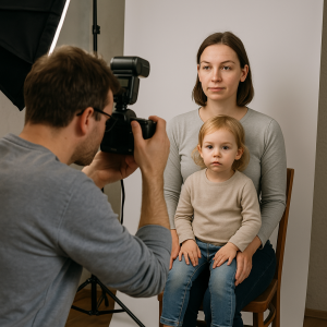 ein Fotograf erstell ein Passbild von einer erwachsenen Frau und einem Kleinkind