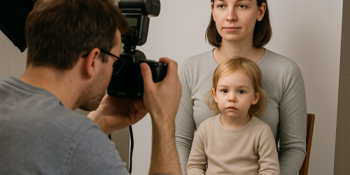 ein Fotograf erstell ein Passbild von einer erwachsenen Frau und einem Kleinkind