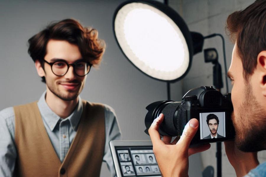 Ein Fotograf erstellt ein Passbild von einer Person.