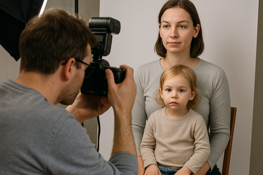 ein Fotograf erstell ein Passbild von einer erwachsenen Frau und einem Kleinkind